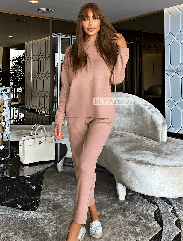Innovative Design Brown Knit Long Sleeve Top and Slim Trouser Two Piece Set