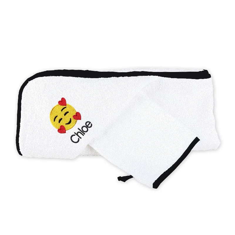 Design Trend Personalized Smiling Hearts Emoji Hooded Towel & Wash Mitt Set