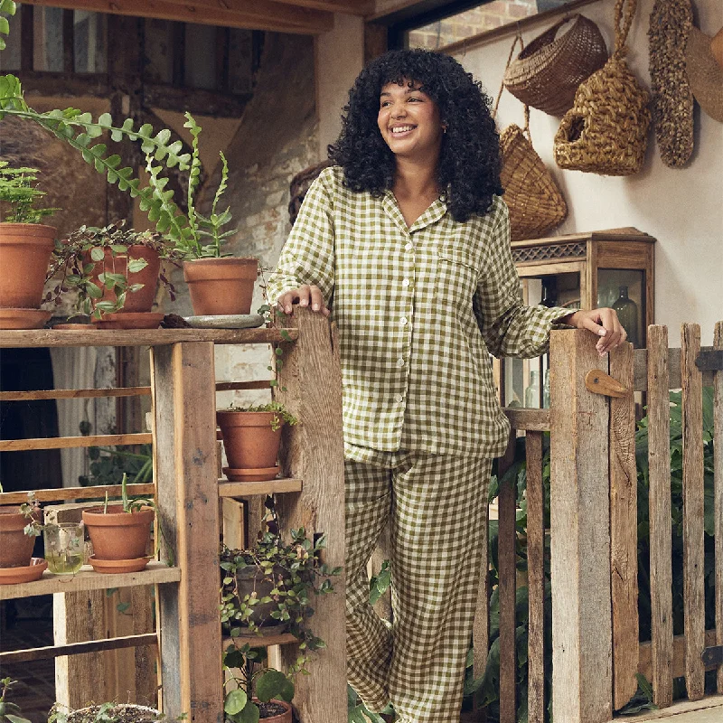 Exquisite Craftsmanship Botanical Green Gingham Linen Pyjama Trouser Set