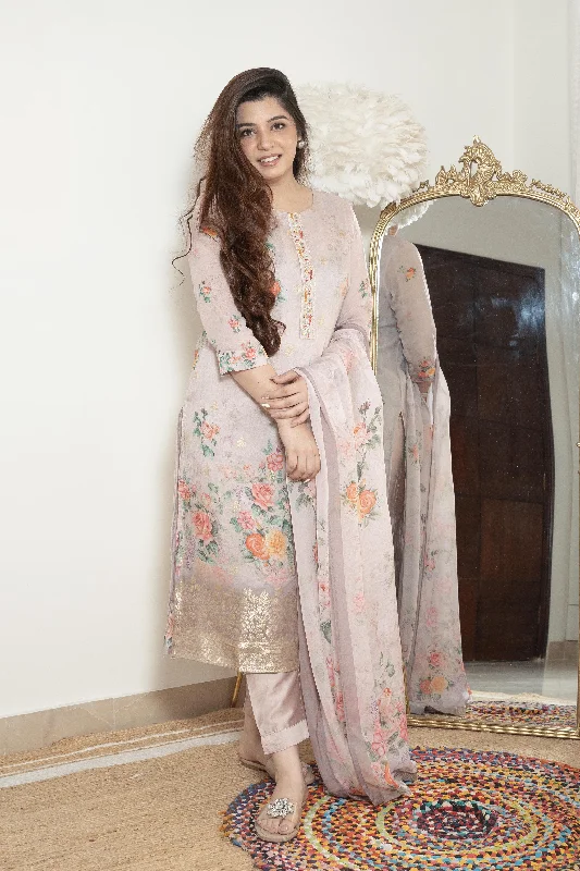 Simple Solid Color Seerat Lavender Floral Silk Suit Set