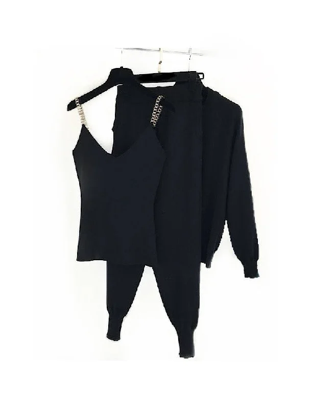 Windbreaker fashion Black Ribbed Knit Chain Camisole Cardigan Pants Three Piece Set Windbreaker fashion Black Ribbed Knit Chain Camisole Cardigan Pants Three Piece Set
