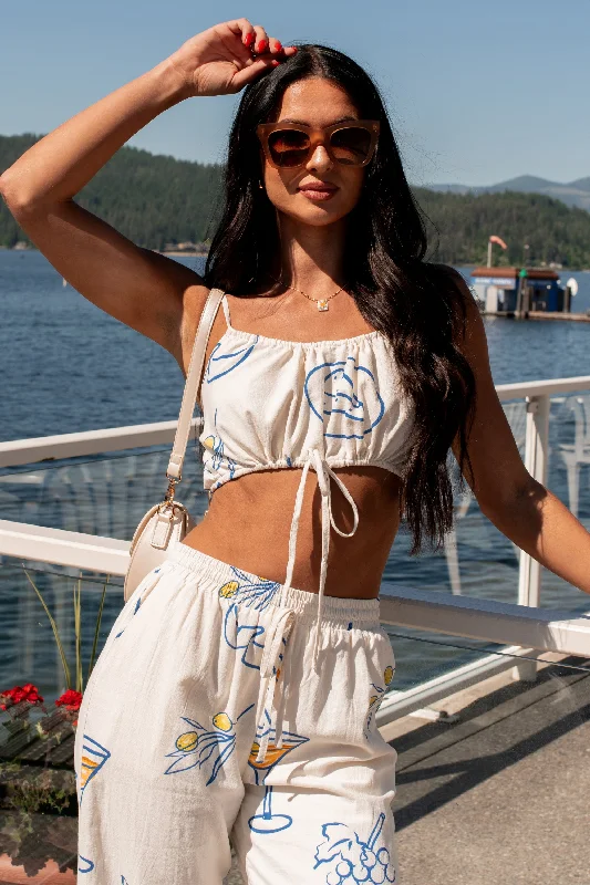 Low-key Luxury Drinks On The Patio Printed Drawstring Crop Top (Cream)