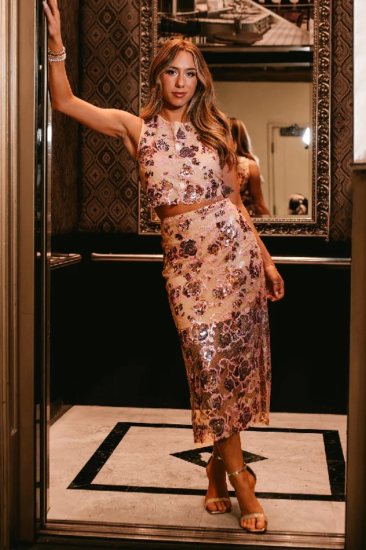 Cute Design Attention Here Mesh Sequin Pencil Skirt (Pink/Nude)