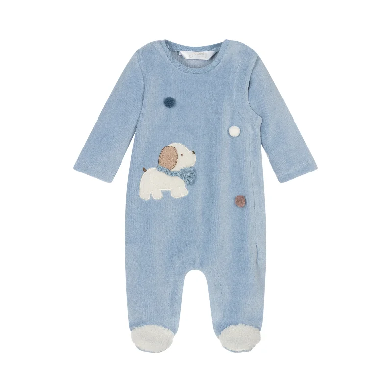 Blue Puppy Velour Babygrow