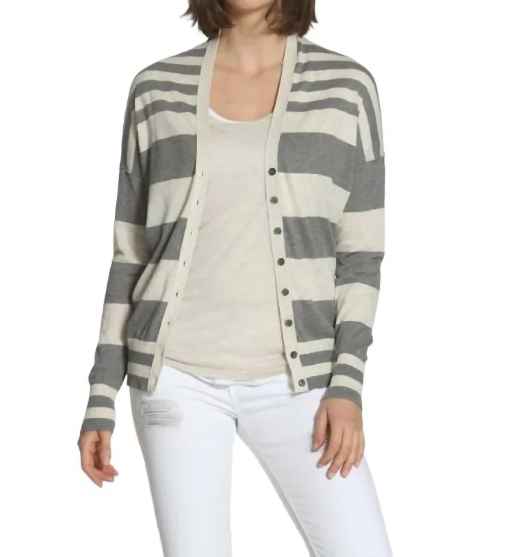 Striped Cotton Cardigan In Grey/ecru