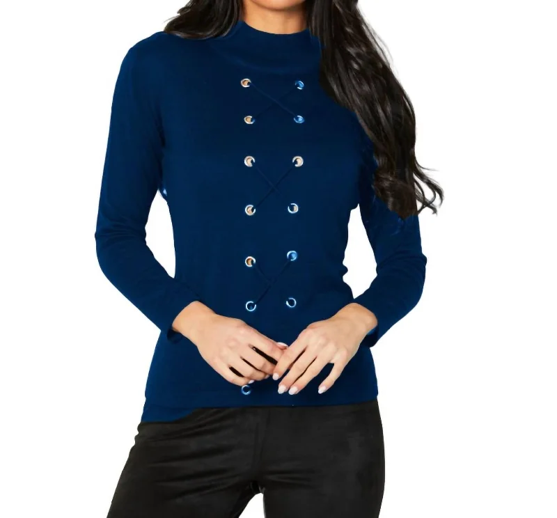 Lace Up Mock Neck Top In Cadet