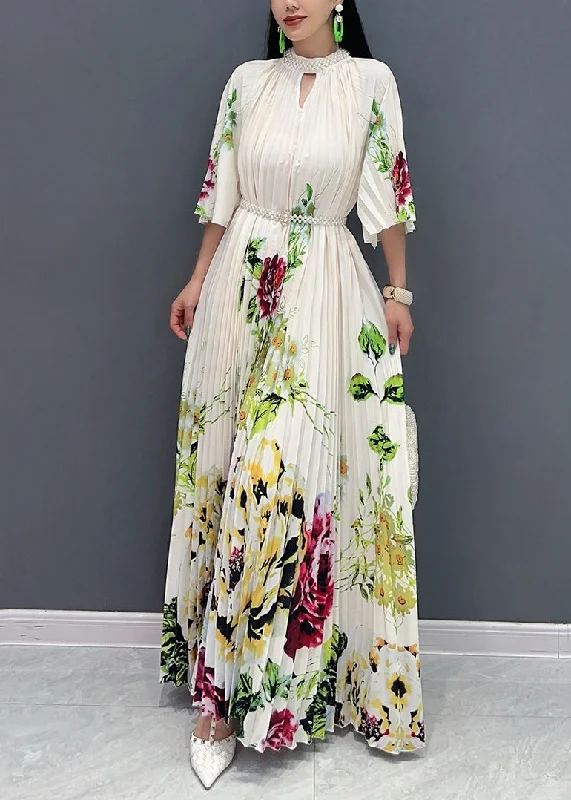 Stylish White Stand Collar Print Maxi Dresses Half Sleeve