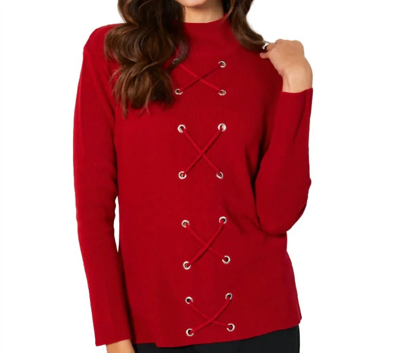 Lace Up Mock Neck Top In Rouge