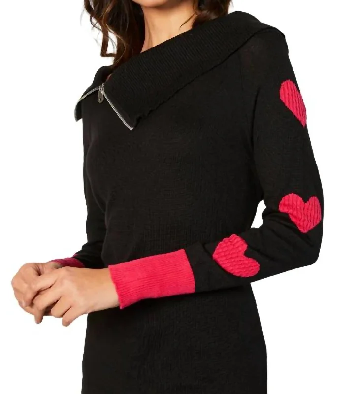 Zip Ribbed Cowl Neck With Heart Detail In Black/rose