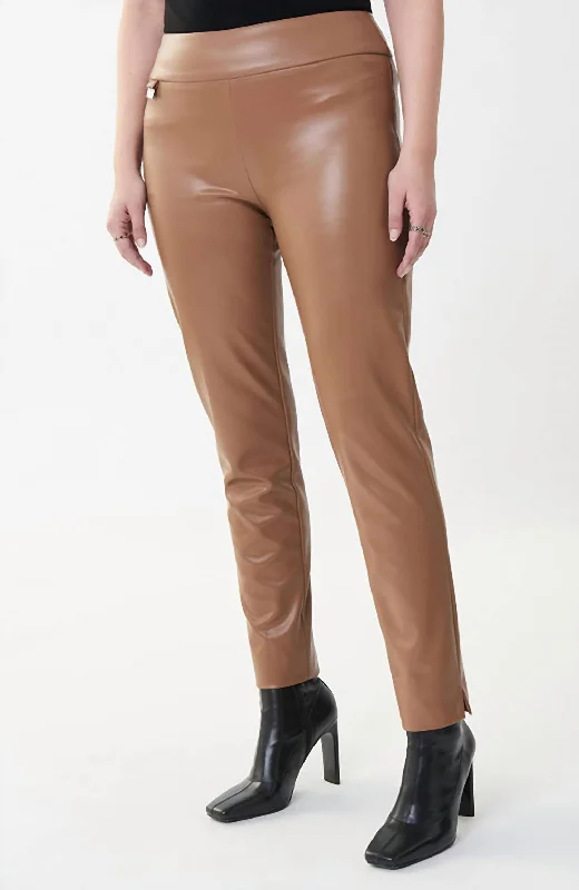 Pleather Wide Waist Pant In Nutmeg