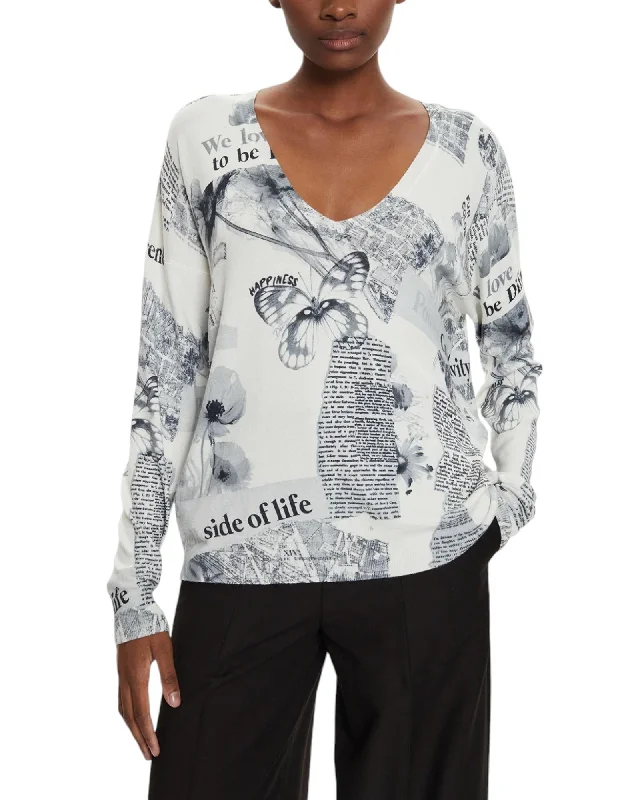 Desigual  Women's V-Neck Printed Sweater - White