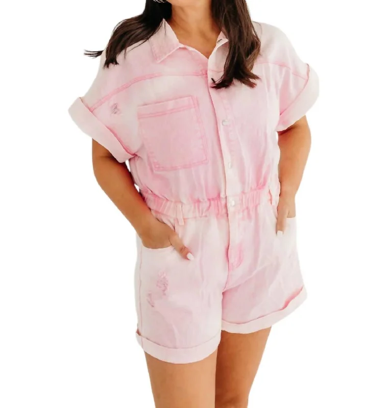 Nina Vintage Washed Distressed Romper In Pink