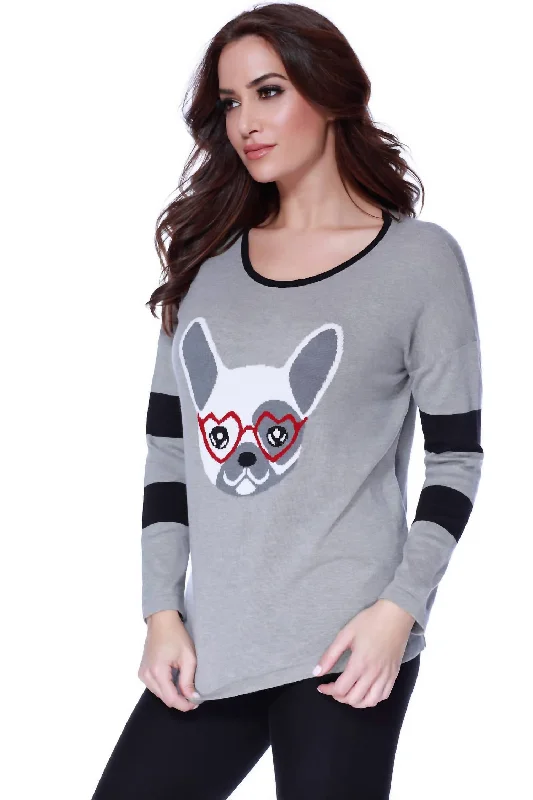 Frenchie Love Pullover In Gray Multi