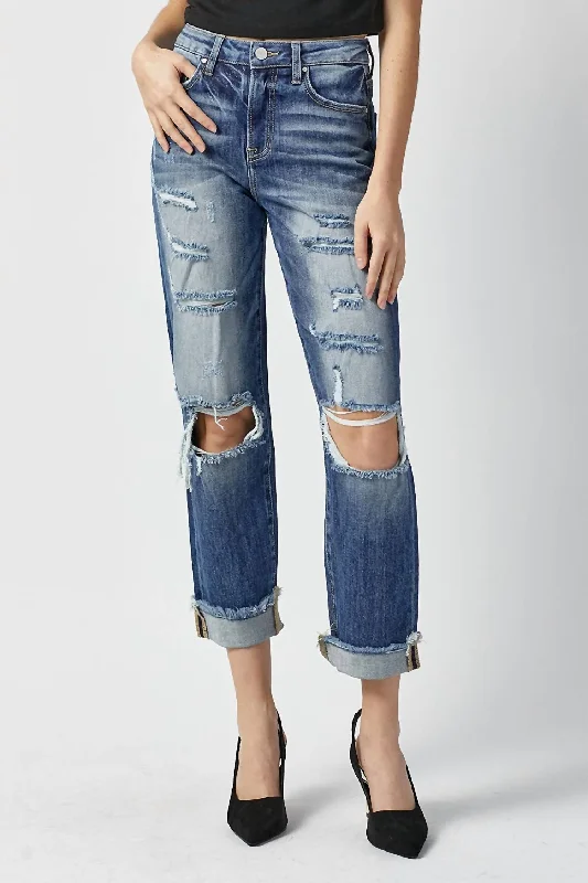 High Rise Boyfriend Destroyed Jeans In Dark Wash