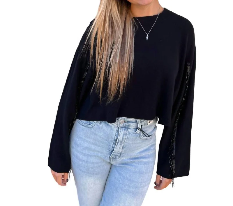 Valentina Sweater Rhinestone Fringed Sleeves In Black