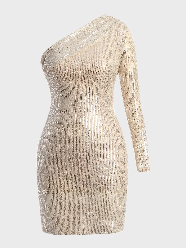 One-Shoulder Oblique Sequined Midi Dress (Gold)