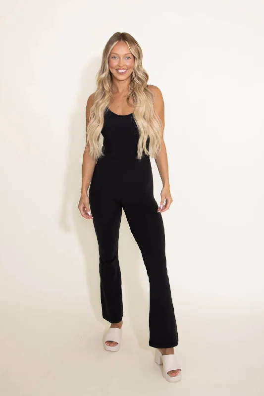 Mono B Flare Sleeveless Long Catsuit (Bodysuit) for Women in Black | APBR0938