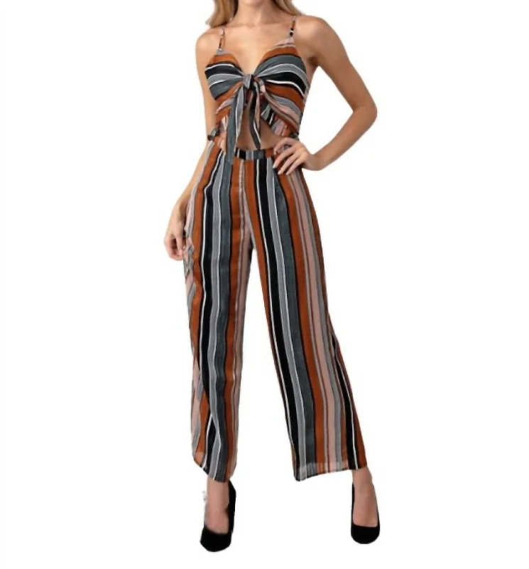 Tie Front Striped Jumpsuit In Brown Multi