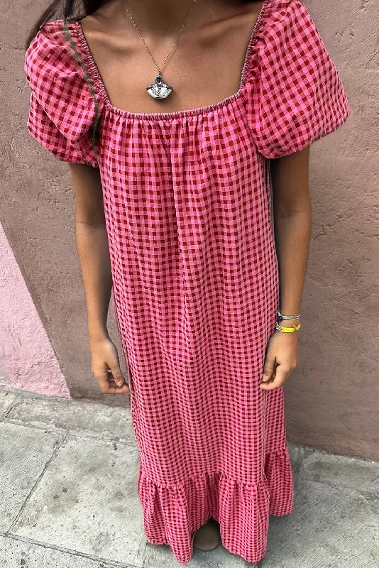 Rose Plaid Square Neck Puff Sleeve Maxi Dress