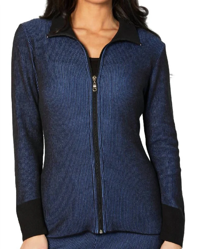 Two Tone Ribbed Cardigan In Cadet