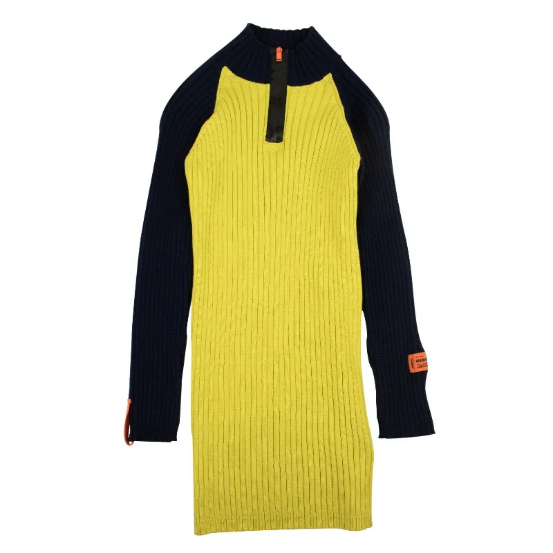 HERON PRESTON Navy/Yellow Ribbed Knit Dress