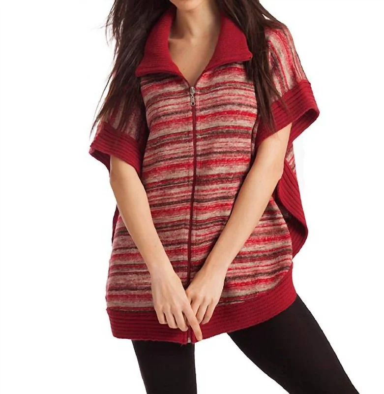 Penelope Zip-Up Poncho In Red Multi