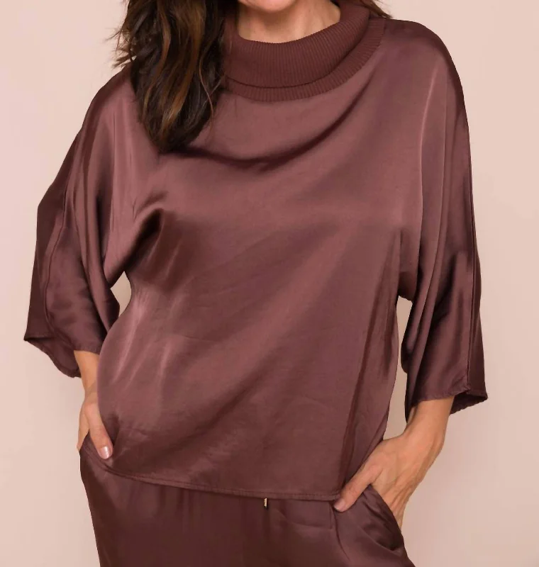 Galina Silky Batwing Top With Rib Cowl Neck Top In Mocha