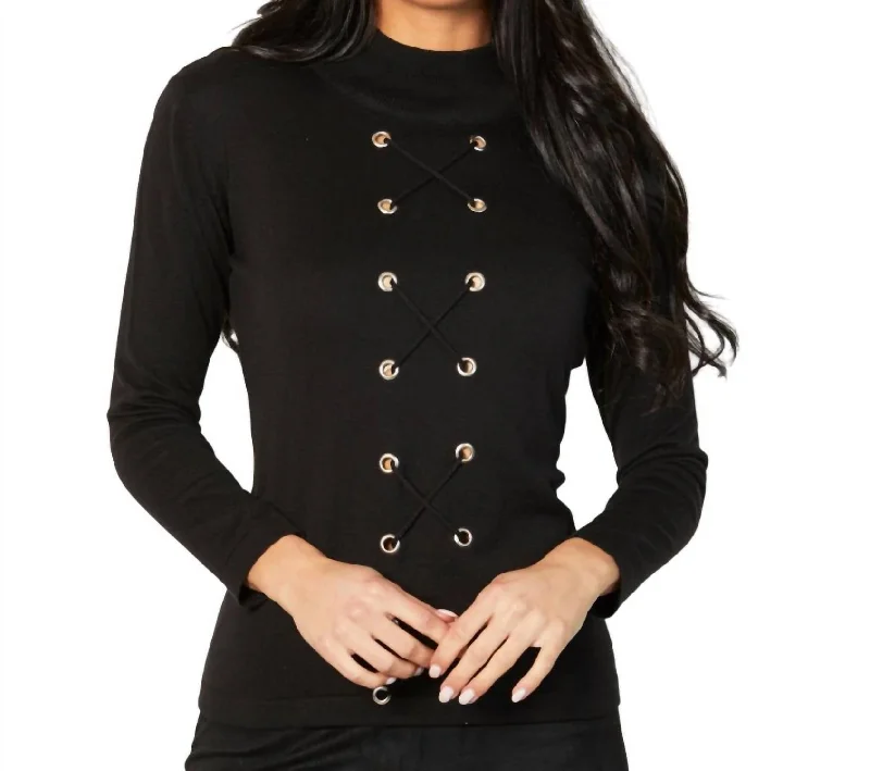 Lace Up Mock Neck Top In Black