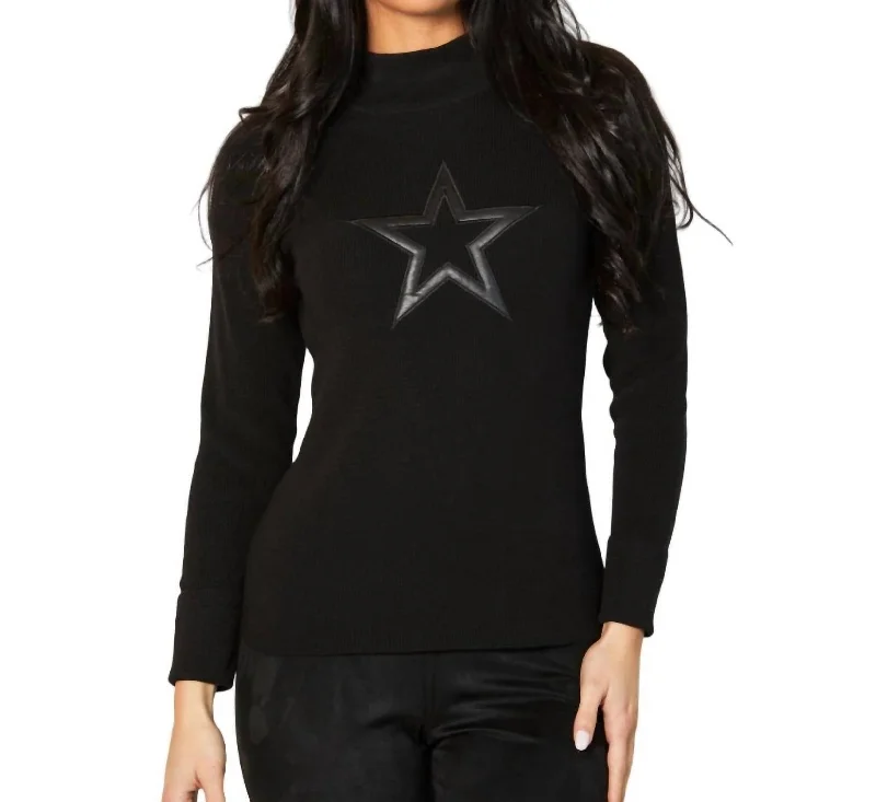 Mock Neck Ribbed Star Sweater In Black