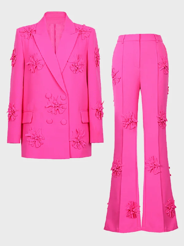 Three-Dimensional Flower Blazer & Straight Pants 2 Piece Set (Pink)