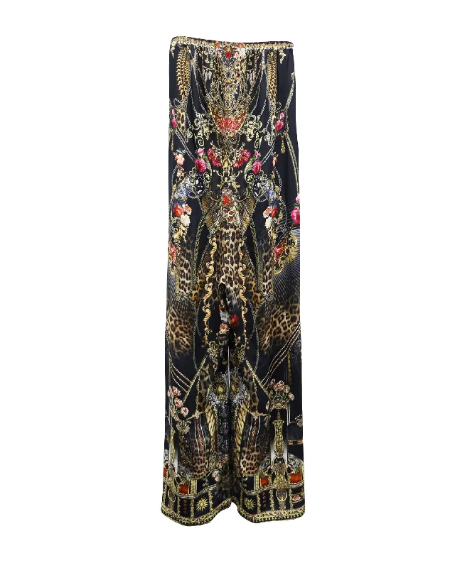 Camilla Floral and Leopard Printed Wide Leg Pants in Multicolor Silk