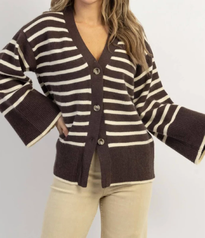 Presley Stripe Bell Cardigan In Espresso