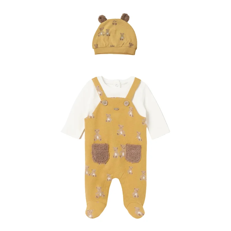 Yellow Bear Overalls Babygrow & Beanie