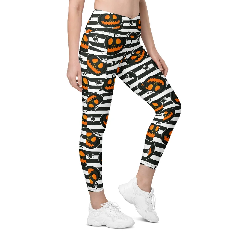 Striped Jack O'lanterns Crossover Leggings With Pockets