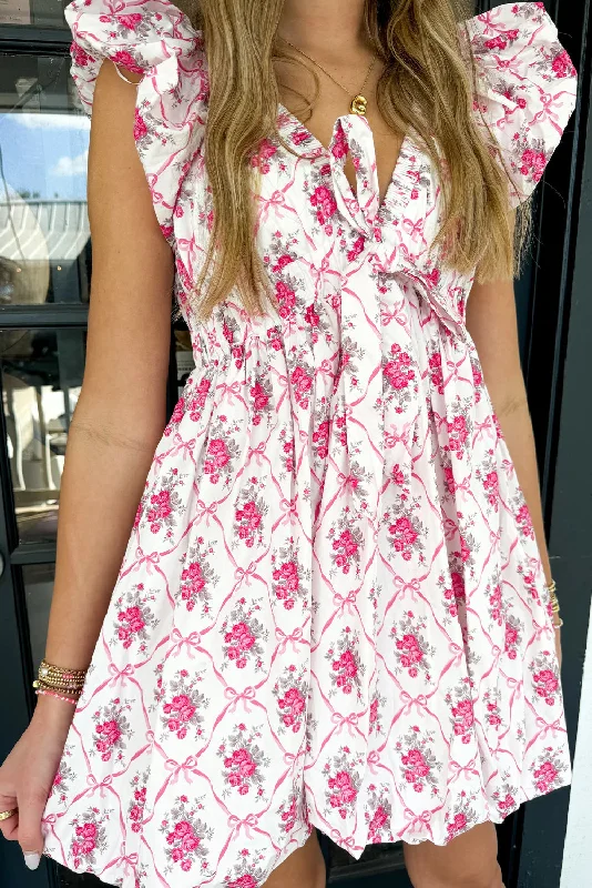 Multicolour Boho Bow Floral Print Knot V-Neck Mini Dress