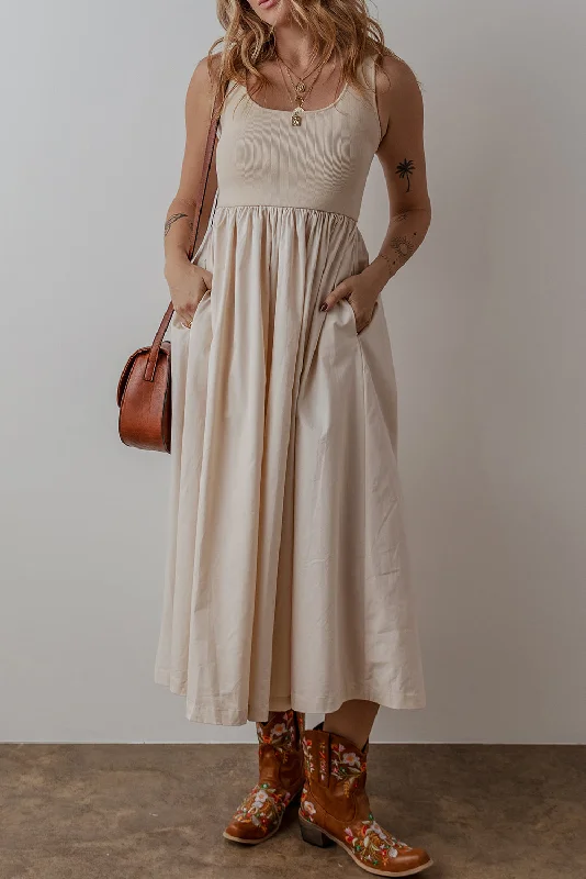 Beige Scoop Neck Ribbed Pleated Sleeveless Midi Dress