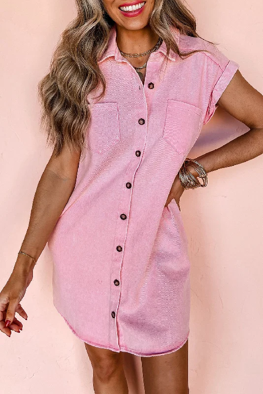 Pink Double Chest Pocket Denim Shirt Dress