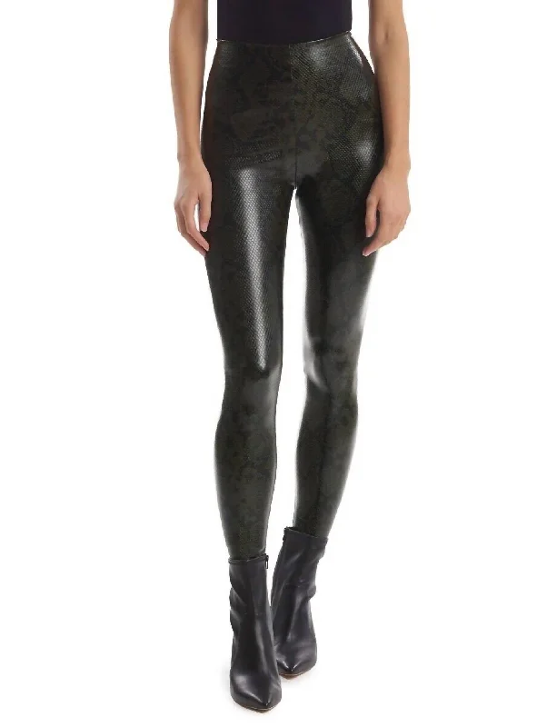 Fashion Wear Faux Leather Animal Print Legging In Moss Snake
