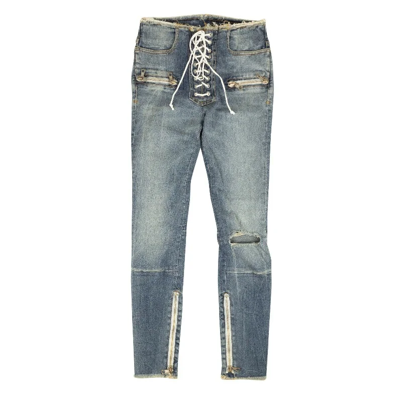 Luxury Customization Unravel Project Lace Up Denim Skinny Jeans - Blue