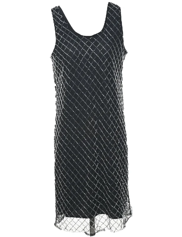 Beaded Black & Silver Evening Dress - L