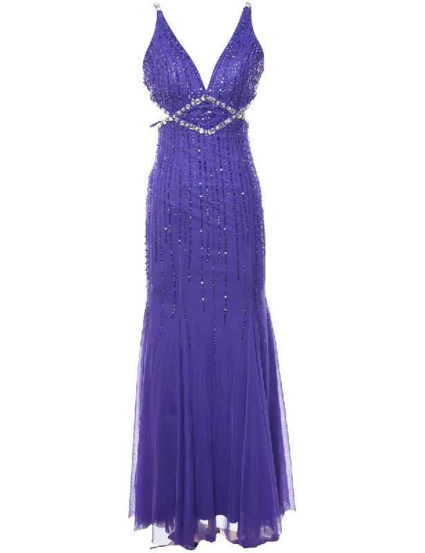 Beaded Purple Backless Cut-Out Sparkly Evening Dress - XS