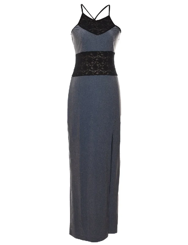 Black & Silver Contrast Lace 1990s Evening Dress - XS