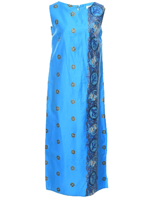 Blue Paisley Print 1970s Dress - M