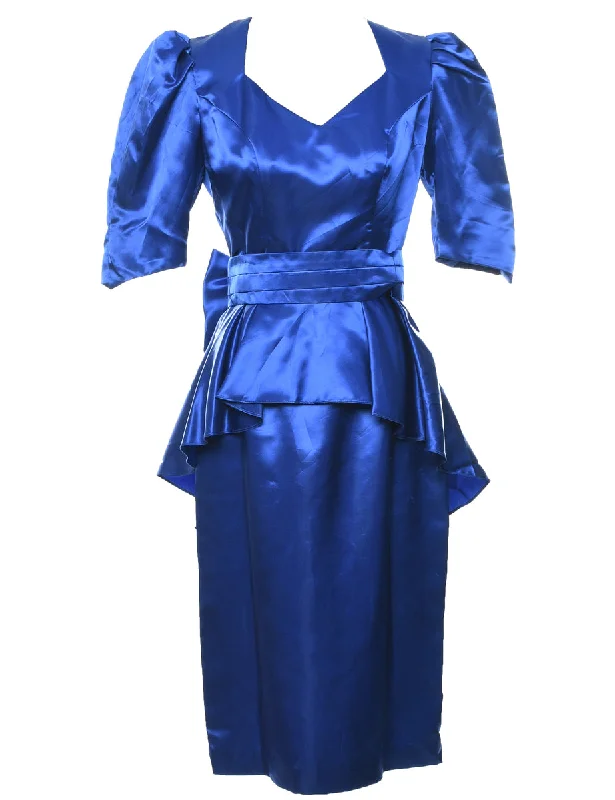 Blue Shiny 1980s Peplum Detail Dress - M