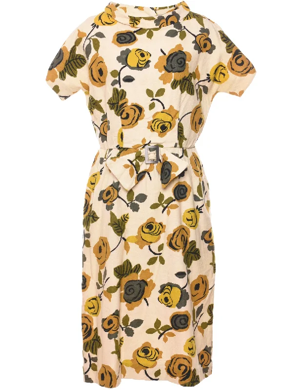 Floral Print Pale Yellow & Green 1960s Dress - L