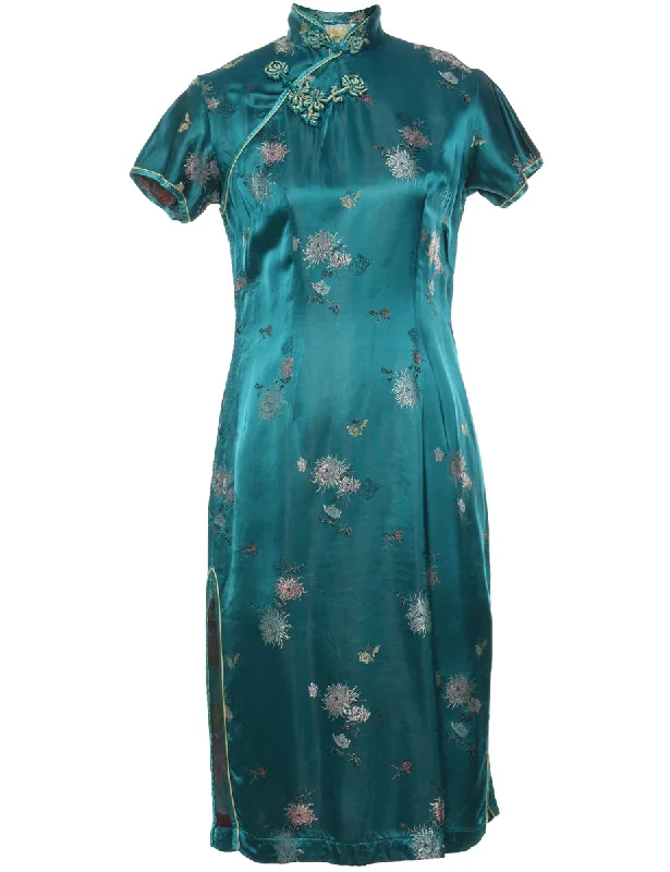 Floral Print Teal Metallic Dress - S