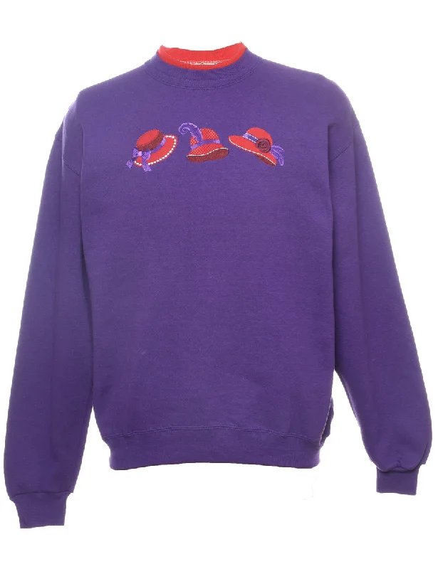 Hat Design Red & Purple 1980s Embroidered Sweatshirt - M