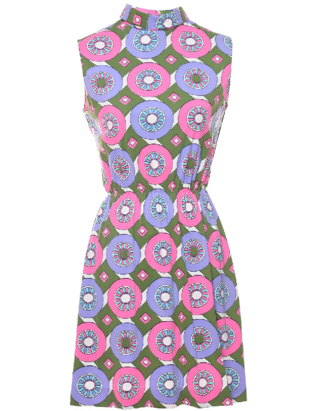 Medallion Print Multi-Colour High Neck Mini Dress - XS