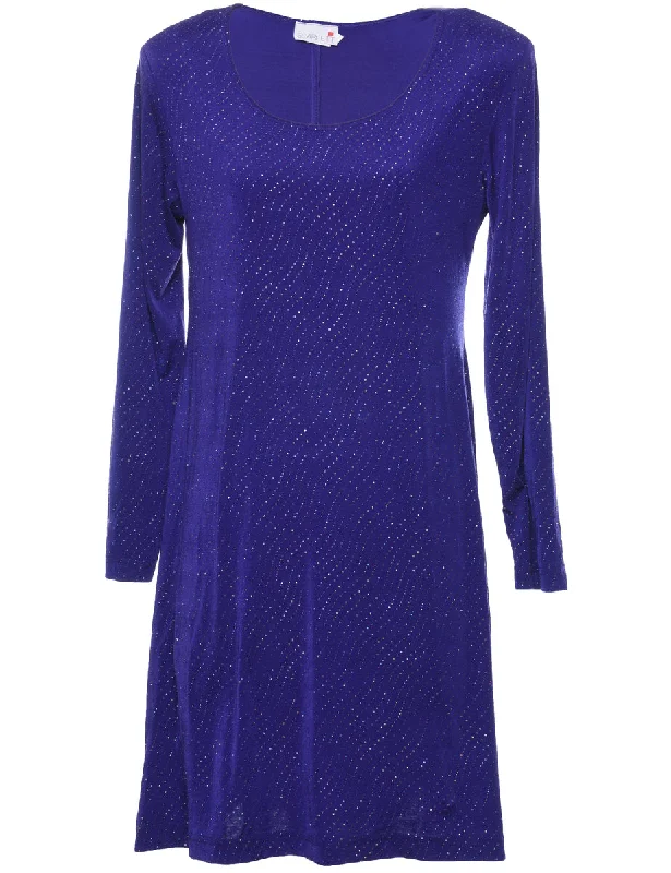 Metallic Purple Long-Sleeve Evening Dress - M