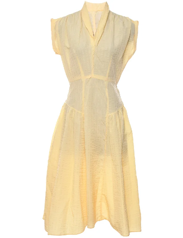 Pale Yellow Vintage Ruched Sleeveless Dress - XS